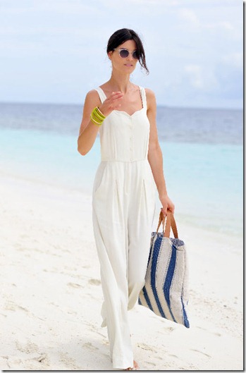 This fabulous white jumpsuit paired with bright yellow bangles and a blue and white striped tote is a                                                  fresh summertime look and a definite DUO.The look is effortless and carefree for a stroll on the beach.